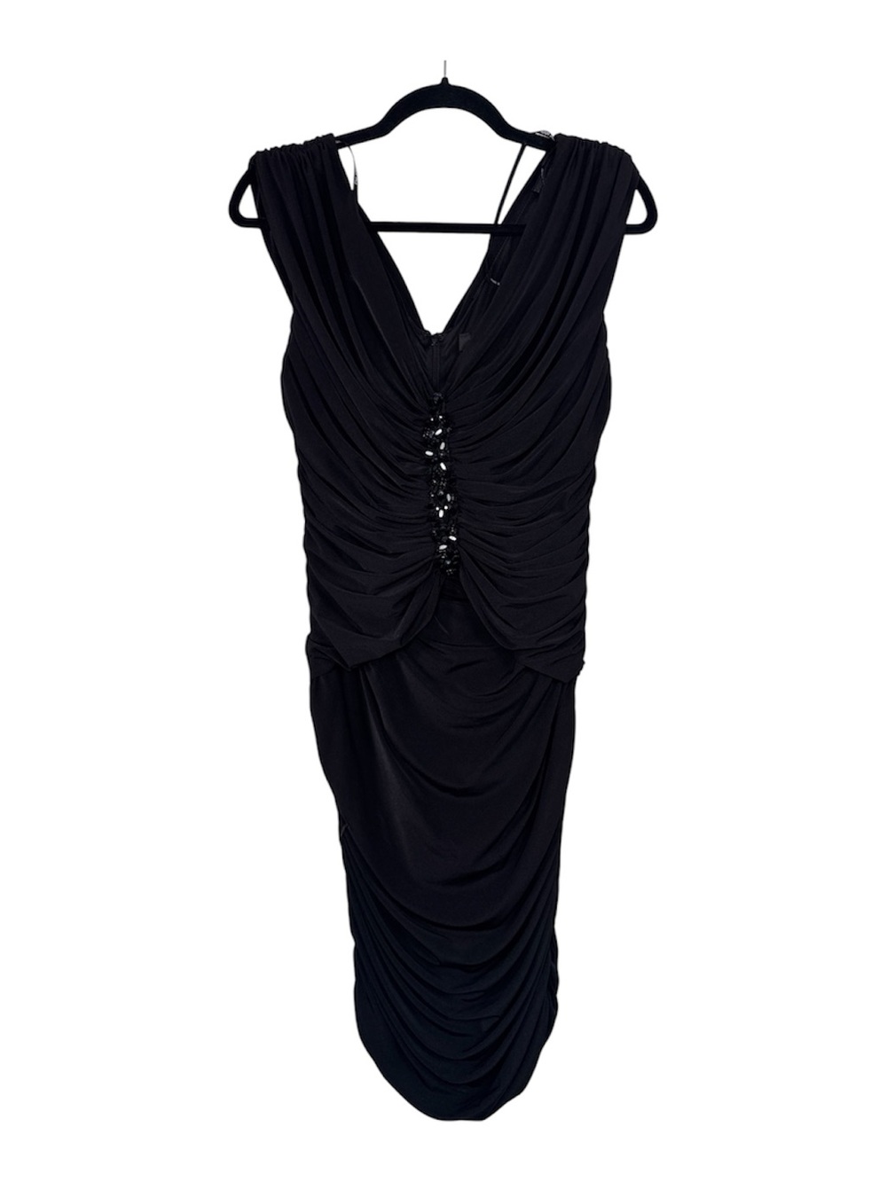 Tadashi Shoji Black Ruched Beaded Cocktail Mini Dress Womens L Formal Classic